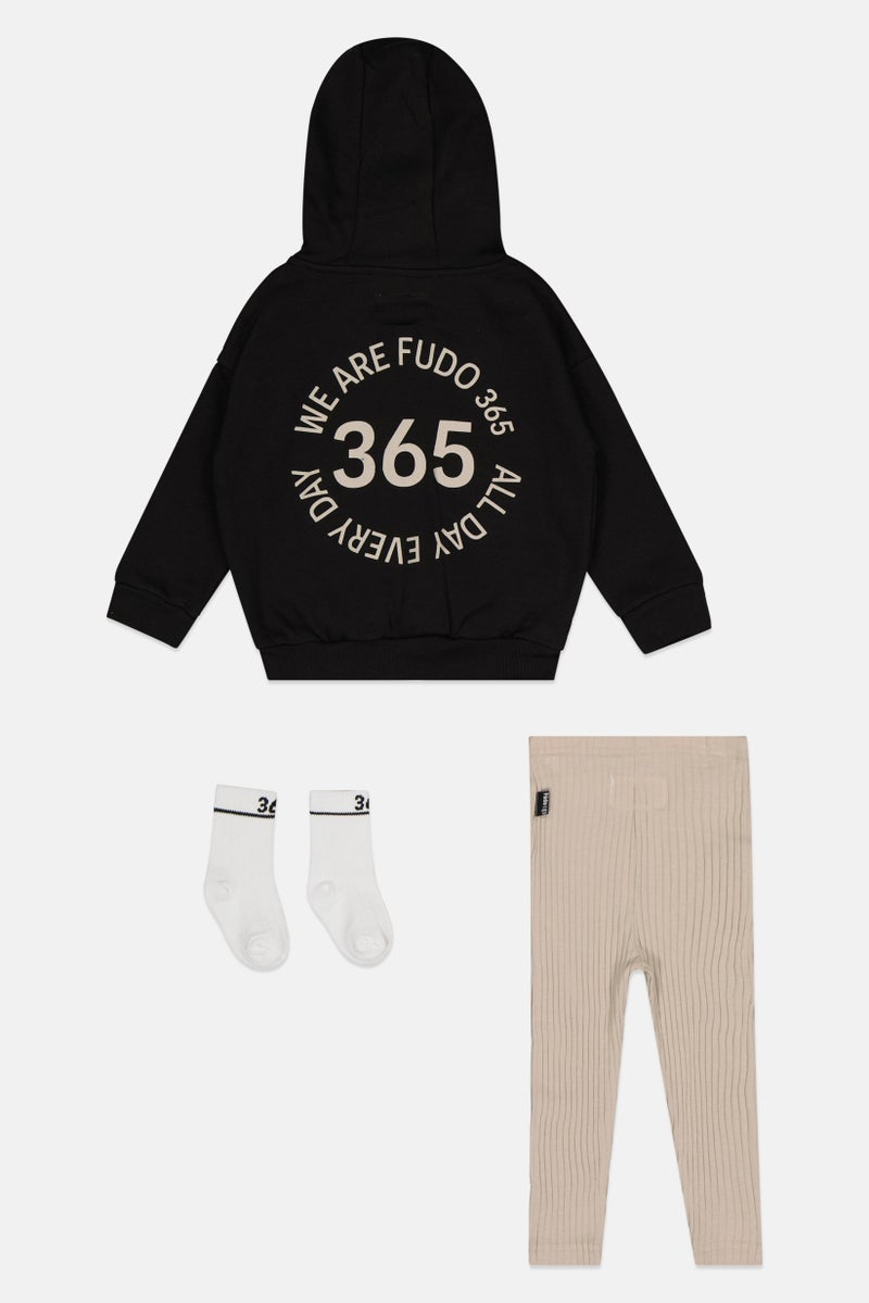 Fudo طقم بنات toddlers مكون من 3 قطع سترة بغطاء رأس بأكمام طويلة وسروال ضيق مع جورب، متعدد الألوان - Image 3